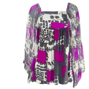 ANALILI Women's Abstract Print Contrast Kimono Sleve Top Magenta Grey